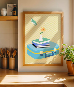 Naturaleza muerta colorida con libros, jarrón de flores y maleta