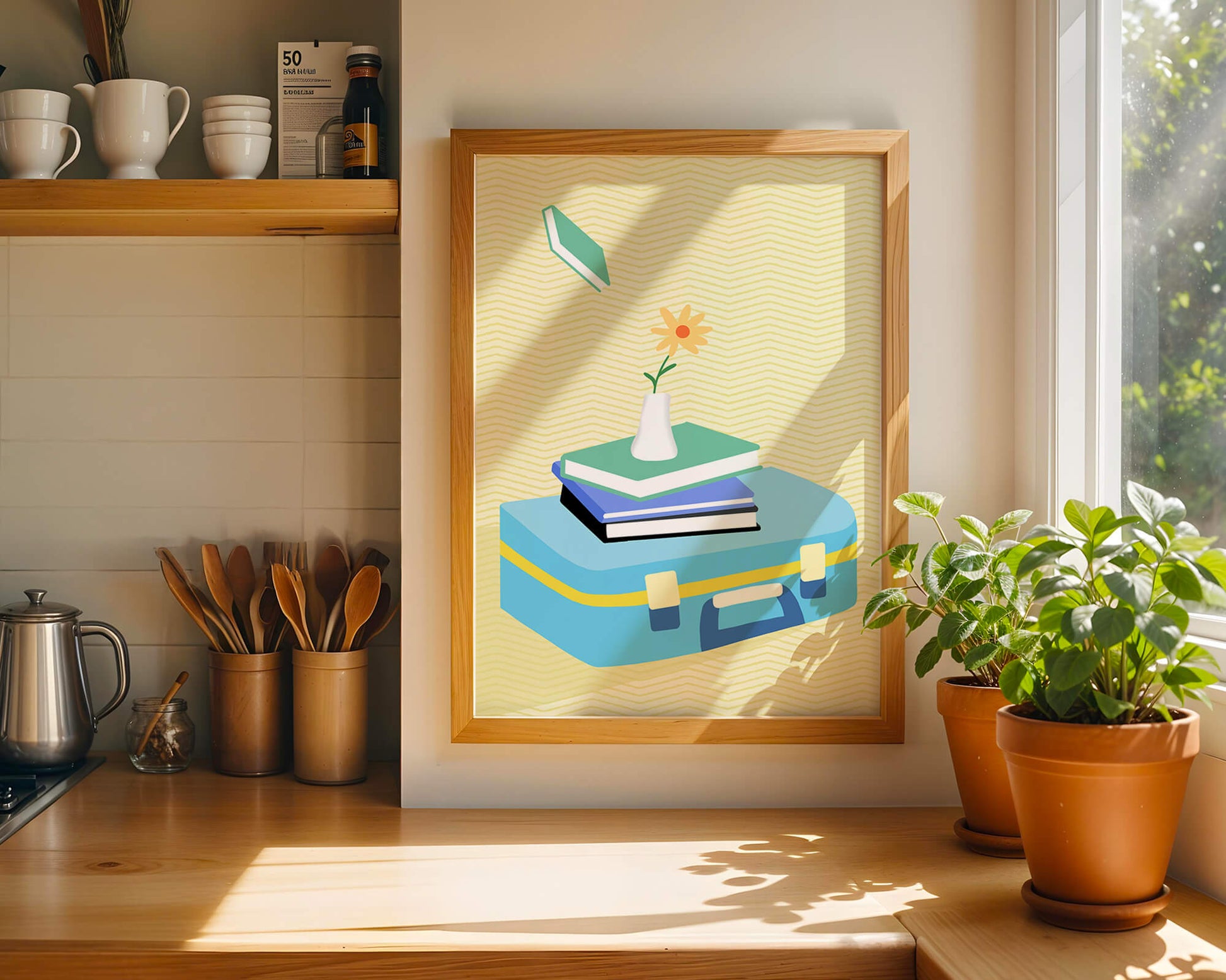 Colorful still life with books, flower vase, and suitcase