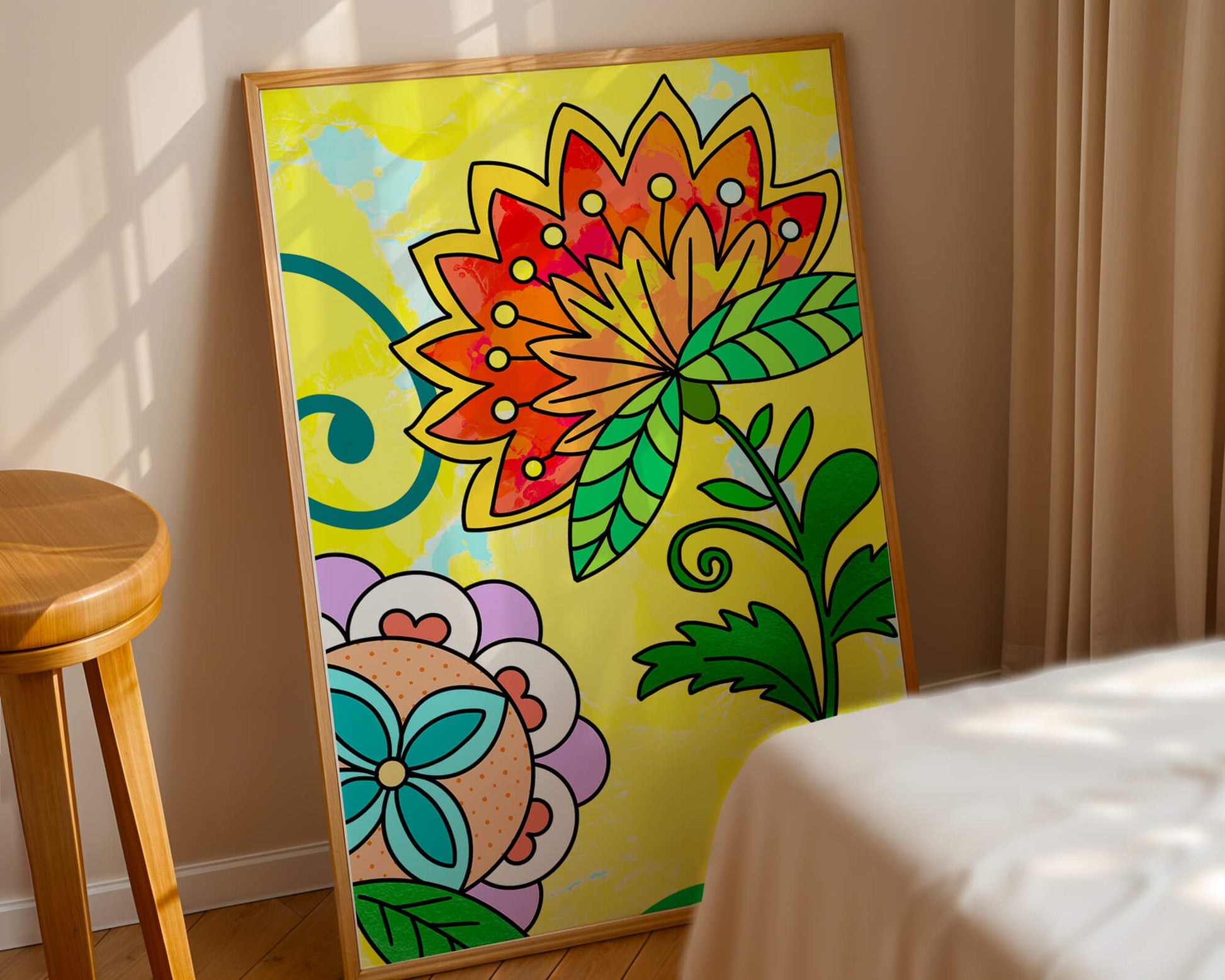 Colorful abstract floral illustration with bright yellow background