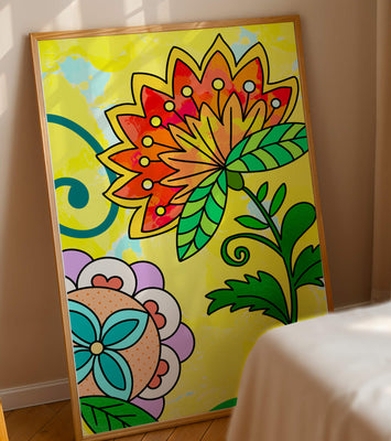 Colorful abstract floral illustration with bright yellow background