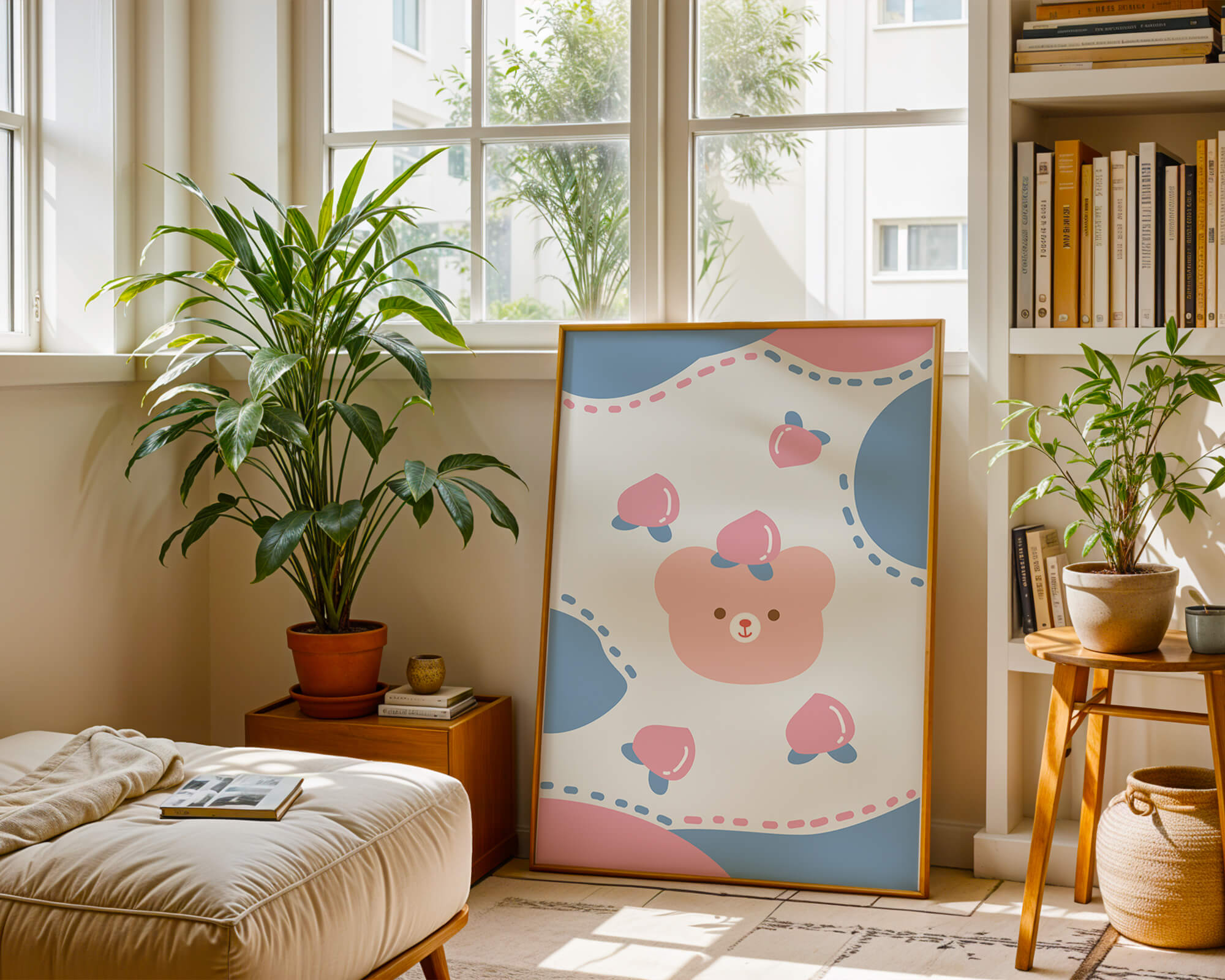 Adorable pastel bear with peaches and dotted background
