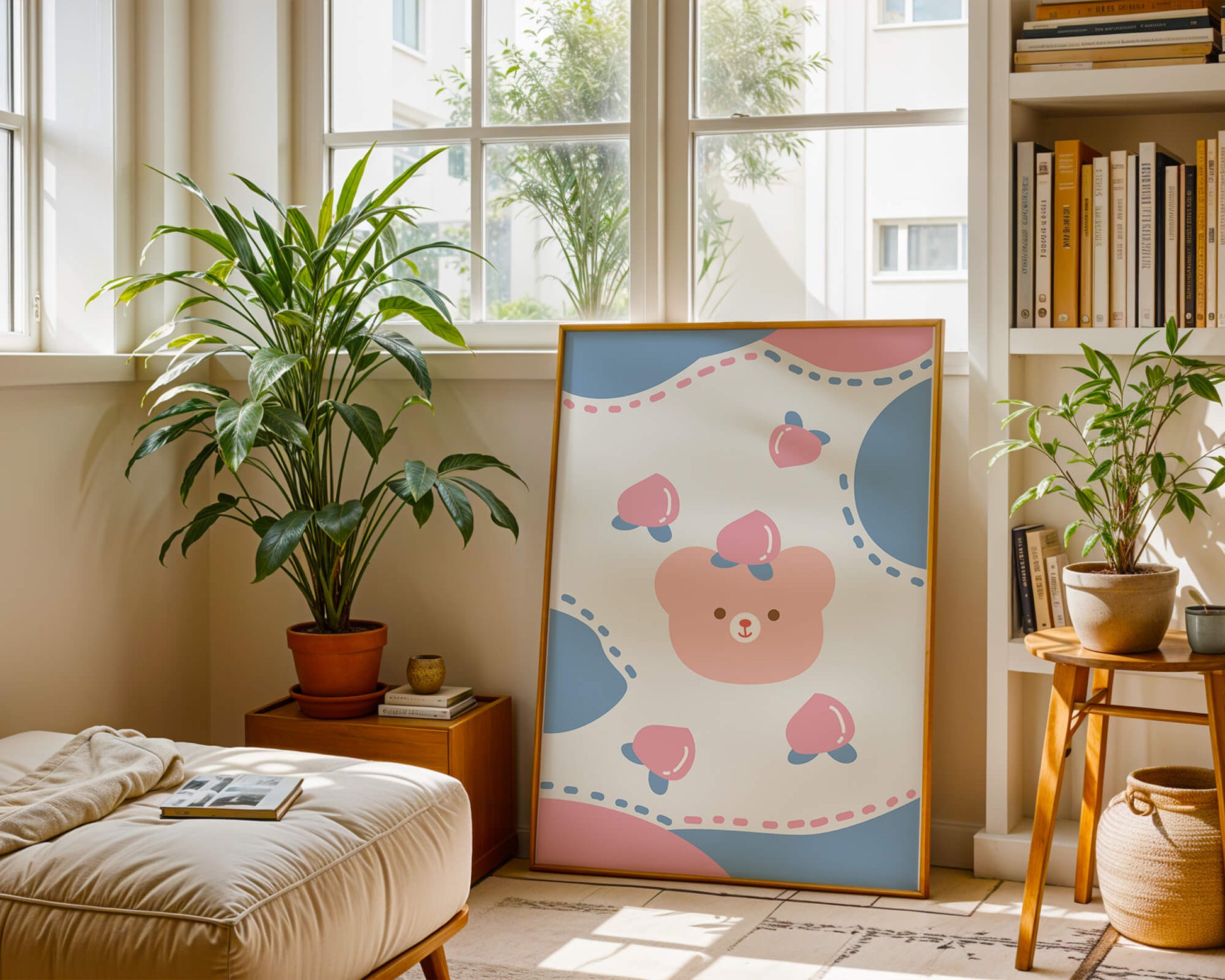 Adorable pastel bear with peaches and dotted background