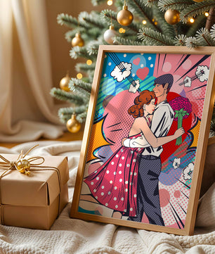 Pareja abrazándose en estilo pop art con un fondo colorido