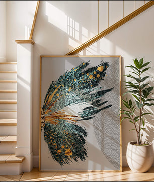 Ala de mariposa abstracta con detalles turquesa y dorados
