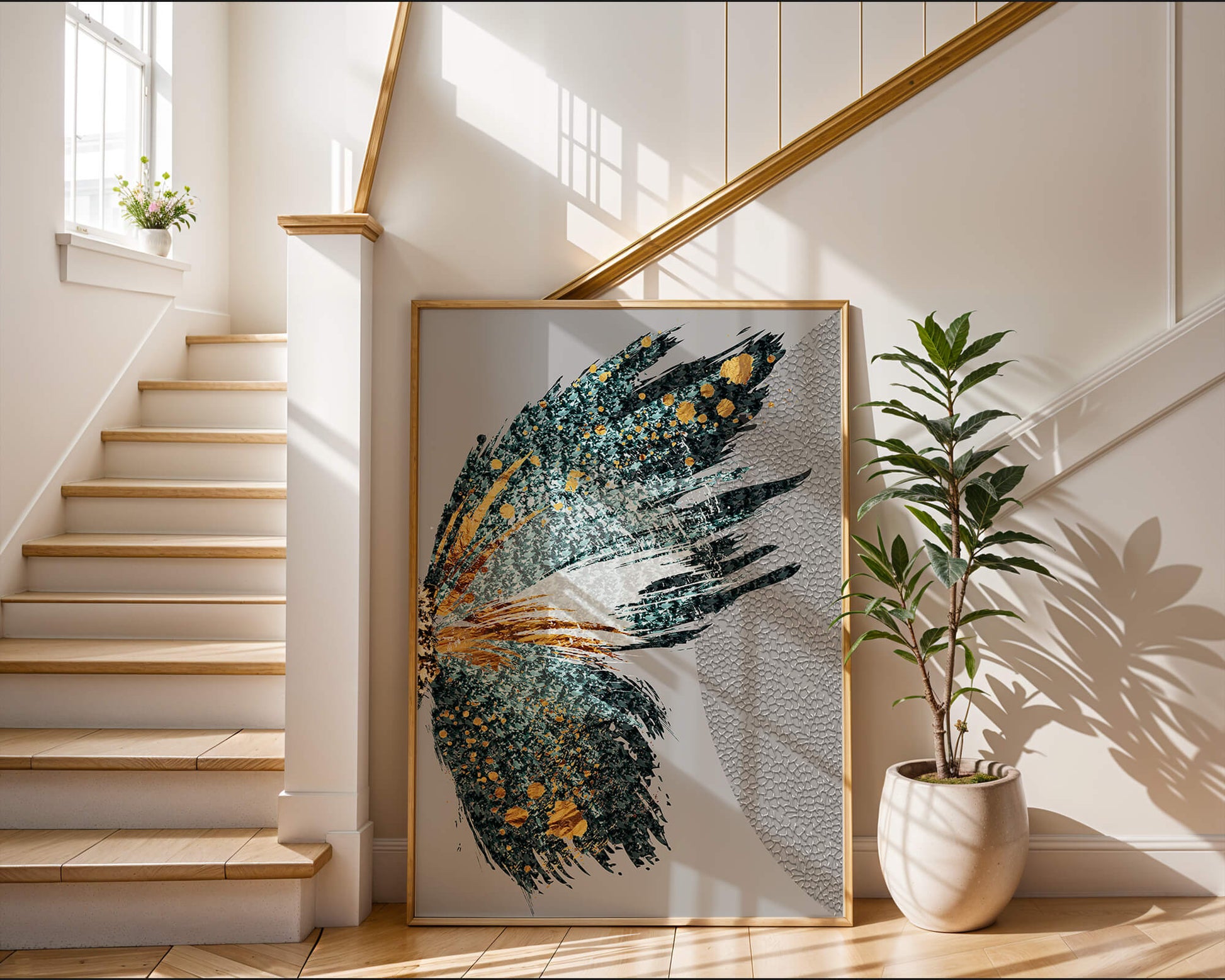 Ala de mariposa abstracta con detalles turquesa y dorados