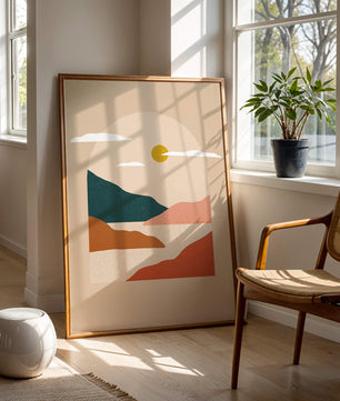 Paysage minimaliste avec montagnes et soleil