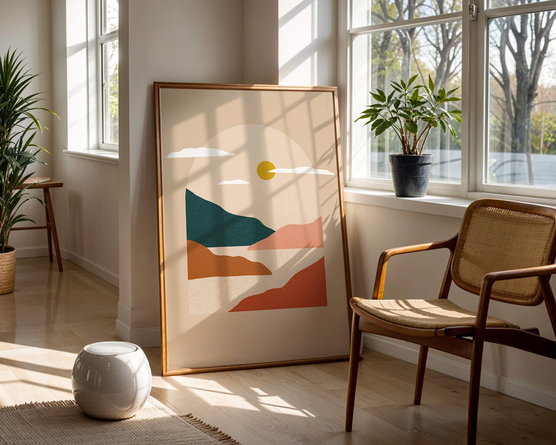 Paysage minimaliste avec montagnes et soleil