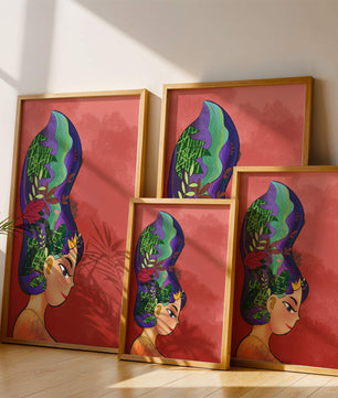 Colorful artistic portrait with nature-inspired hair design