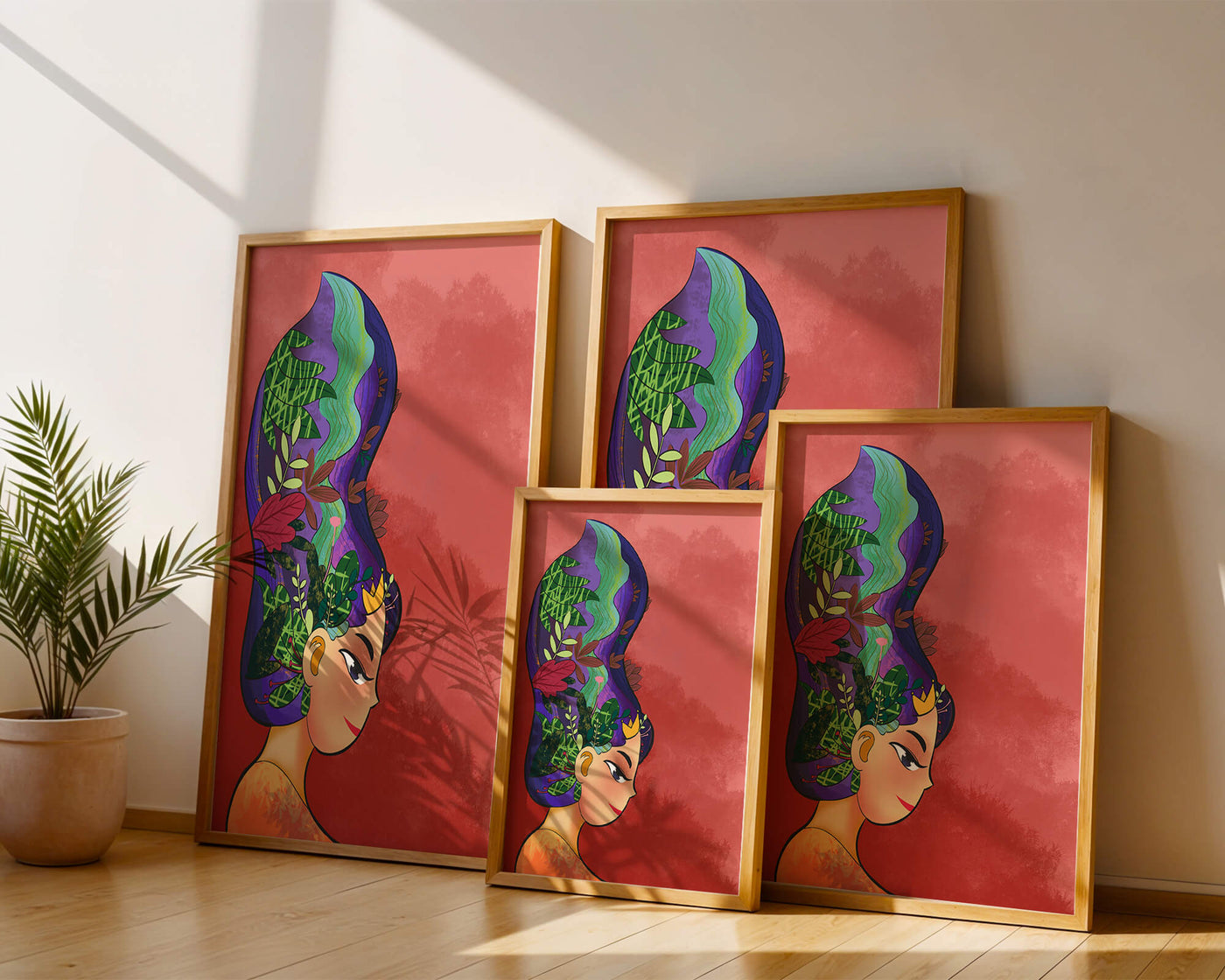 Colorful artistic portrait with nature-inspired hair design