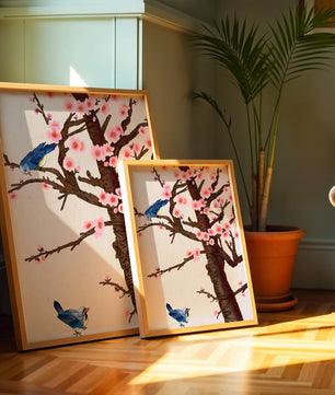 Ilustración encantadora de un árbol de cerezo con pájaros