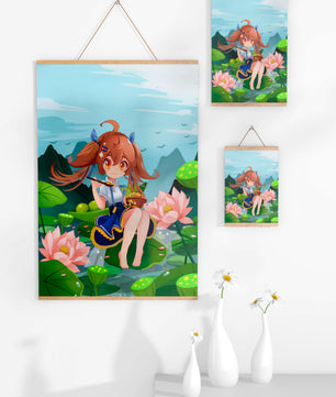 Chica de anime sentada en hojas de lirio con montañas al fondo