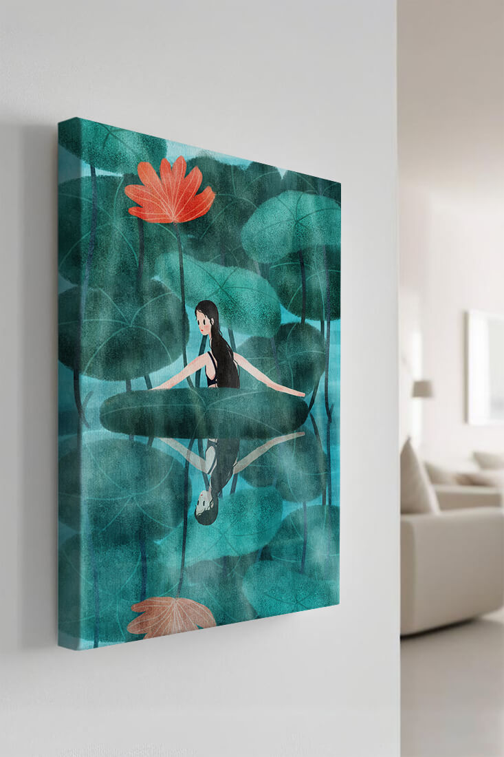 Woman Reflecting among Lotus Leaves and Flowers with a Mirror Image