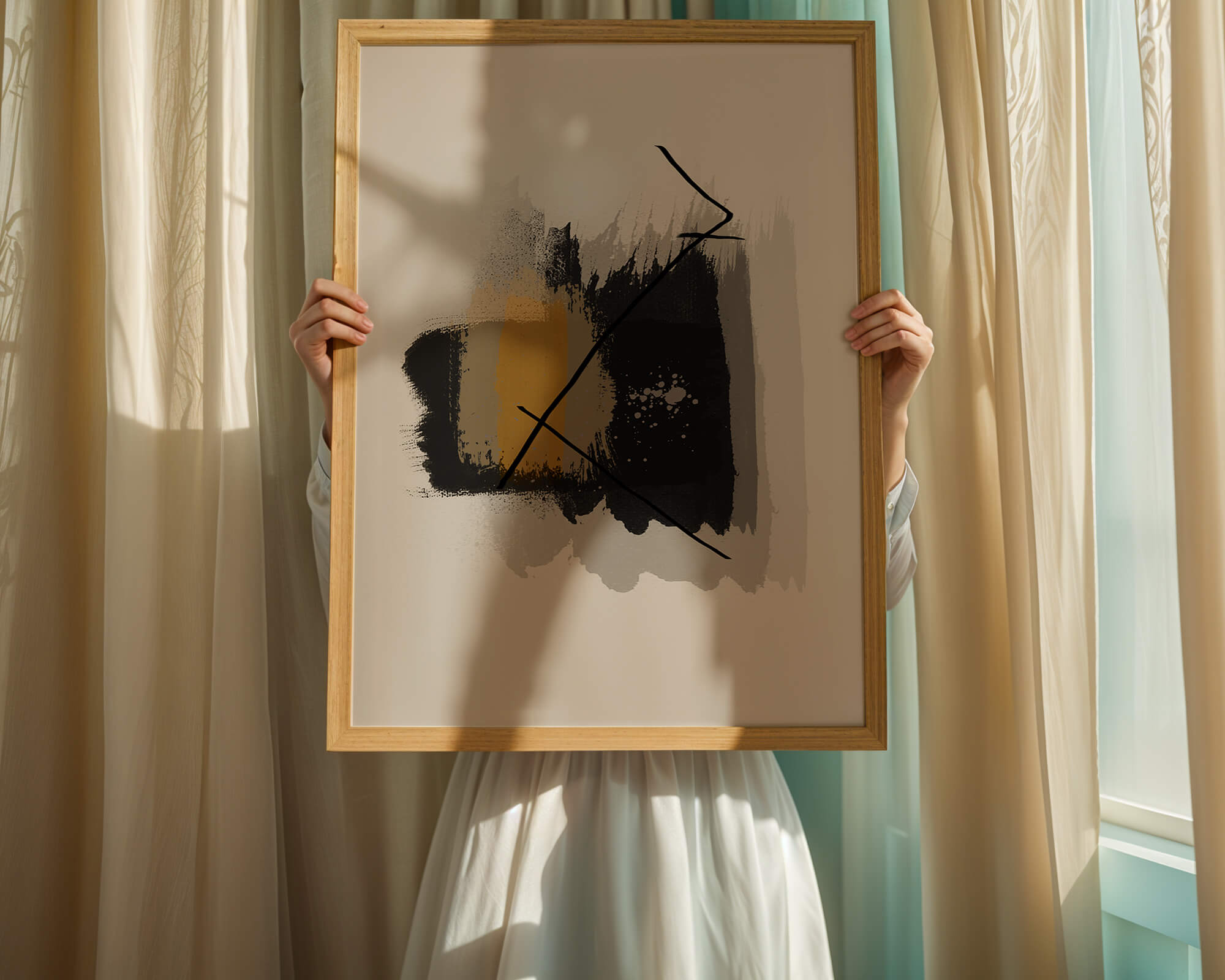 Abstract modern art with golden and black brush strokes