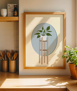 Illustration botanique moderne d'une plante en pot sur un support en bois