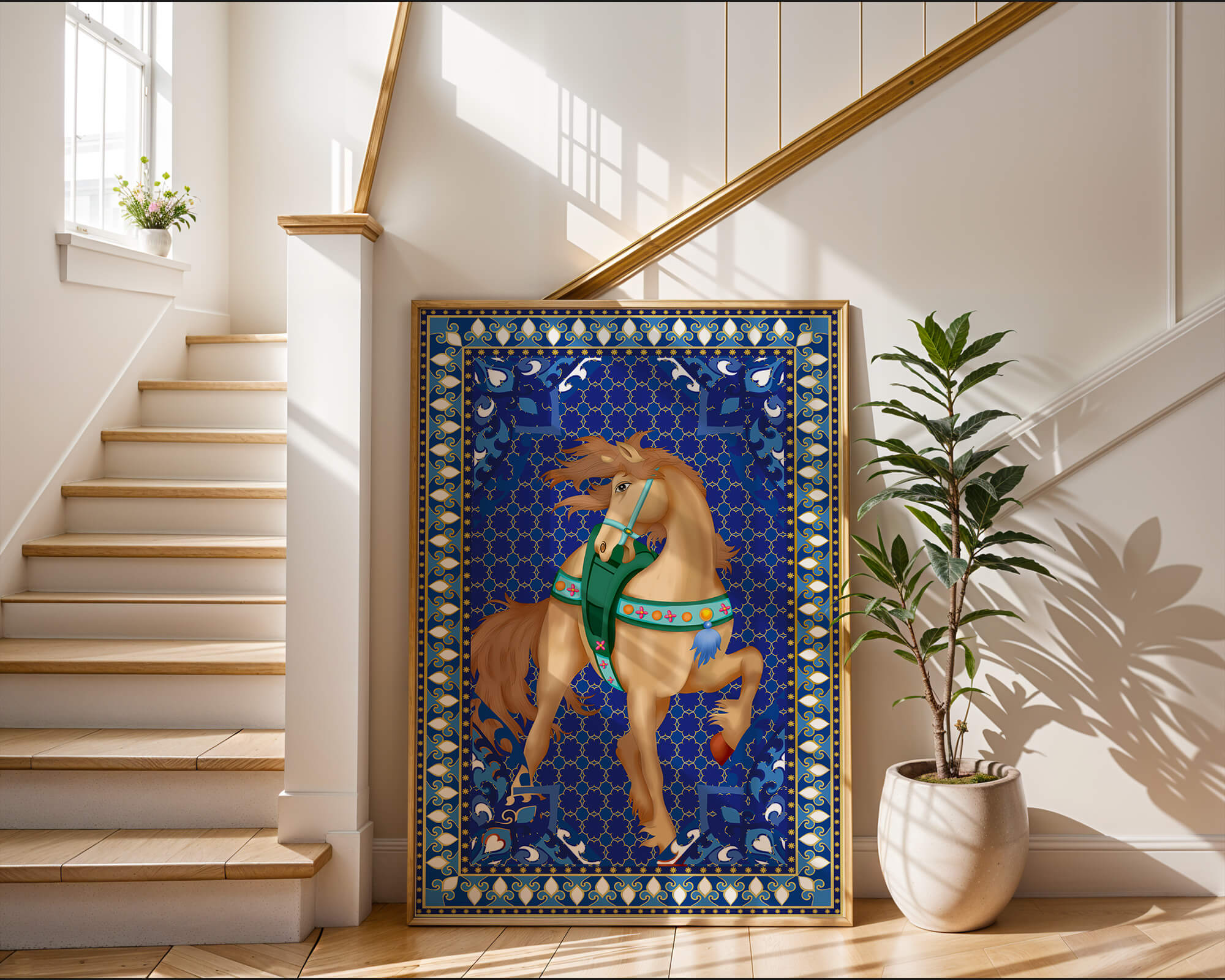 Intricate patterned horse art with a vibrant decorative border
