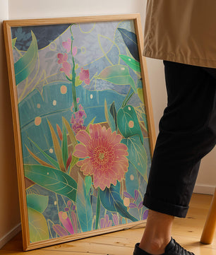 Kunst abstrak bunga yang berwarna-warni dengan bunga dan daun yang cerah