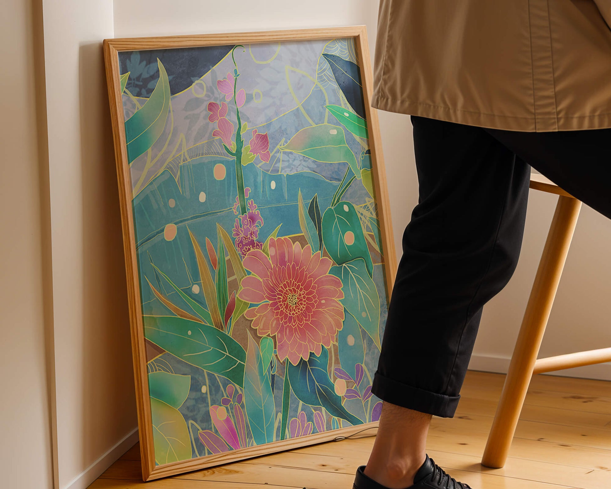 Kunst abstrak bunga yang berwarna-warni dengan bunga dan daun yang cerah