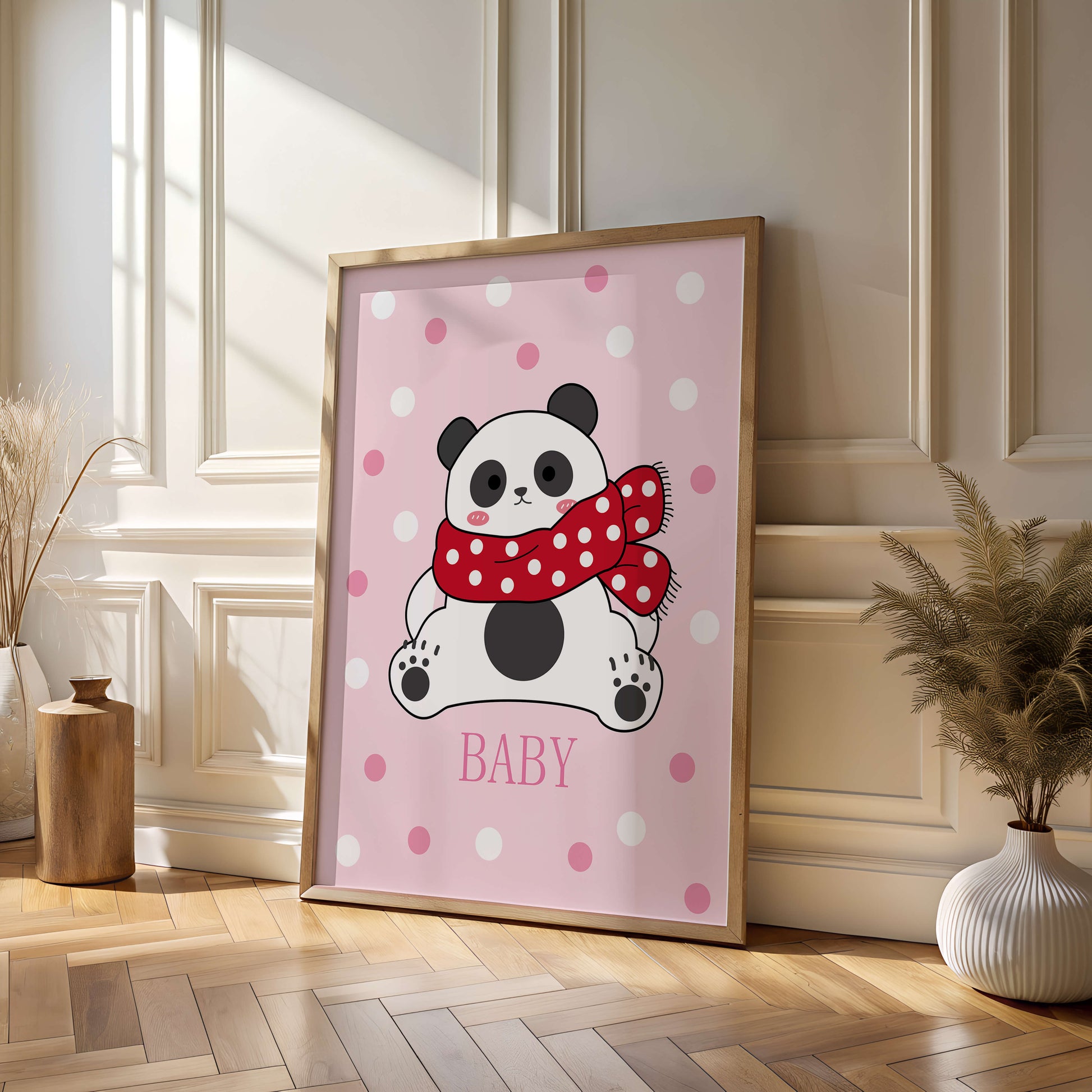 Cartoon panda with red scarf on pink polka dot background