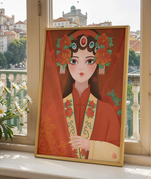 Traditional Asian Portrait with Floral Headdress and Elegant Garments - Mi tienda