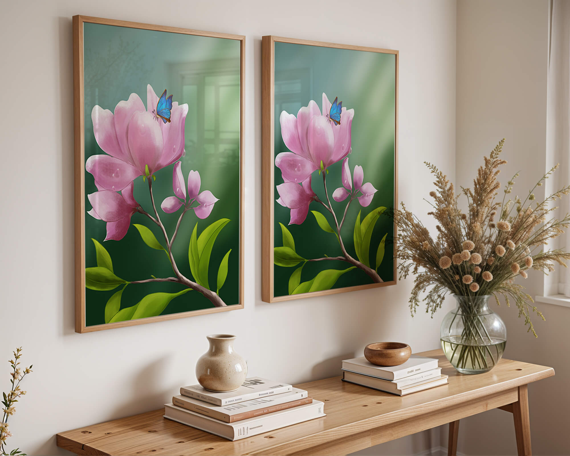 Delicate pink flower with a vibrant blue butterfly in a serene garden setting