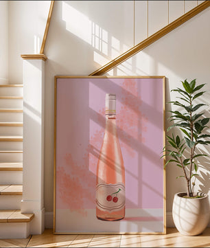 Illustrated wine bottle with a cherry label on pink background