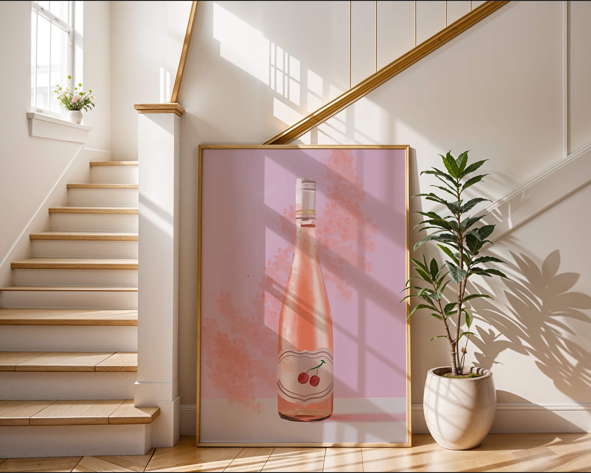 Illustrated wine bottle with a cherry label on pink background