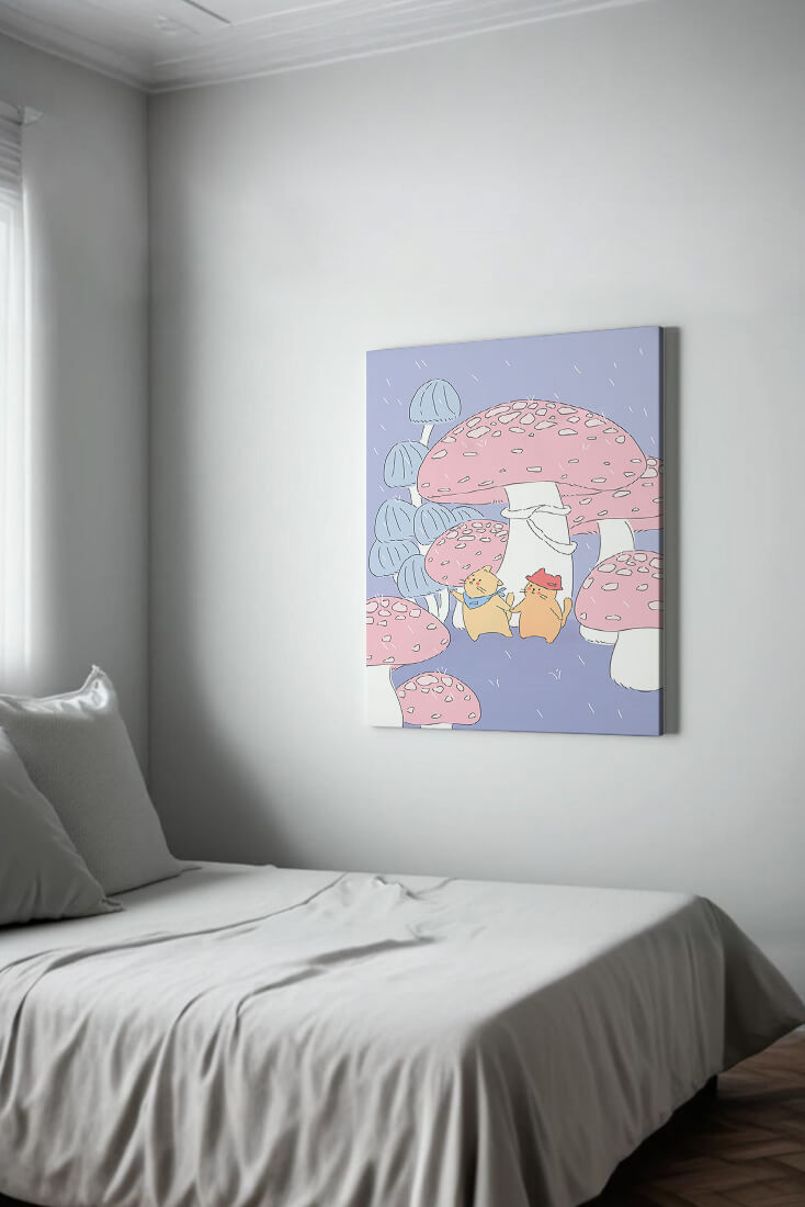 Charming illustration of cats among whimsical mushrooms