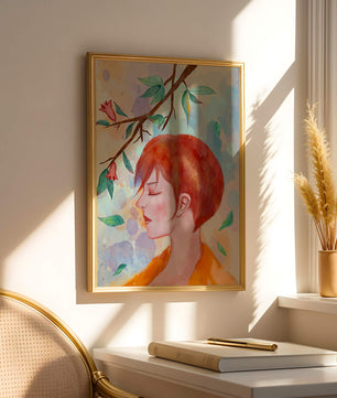 Illustrative artwork of a woman with red hair and floral branch