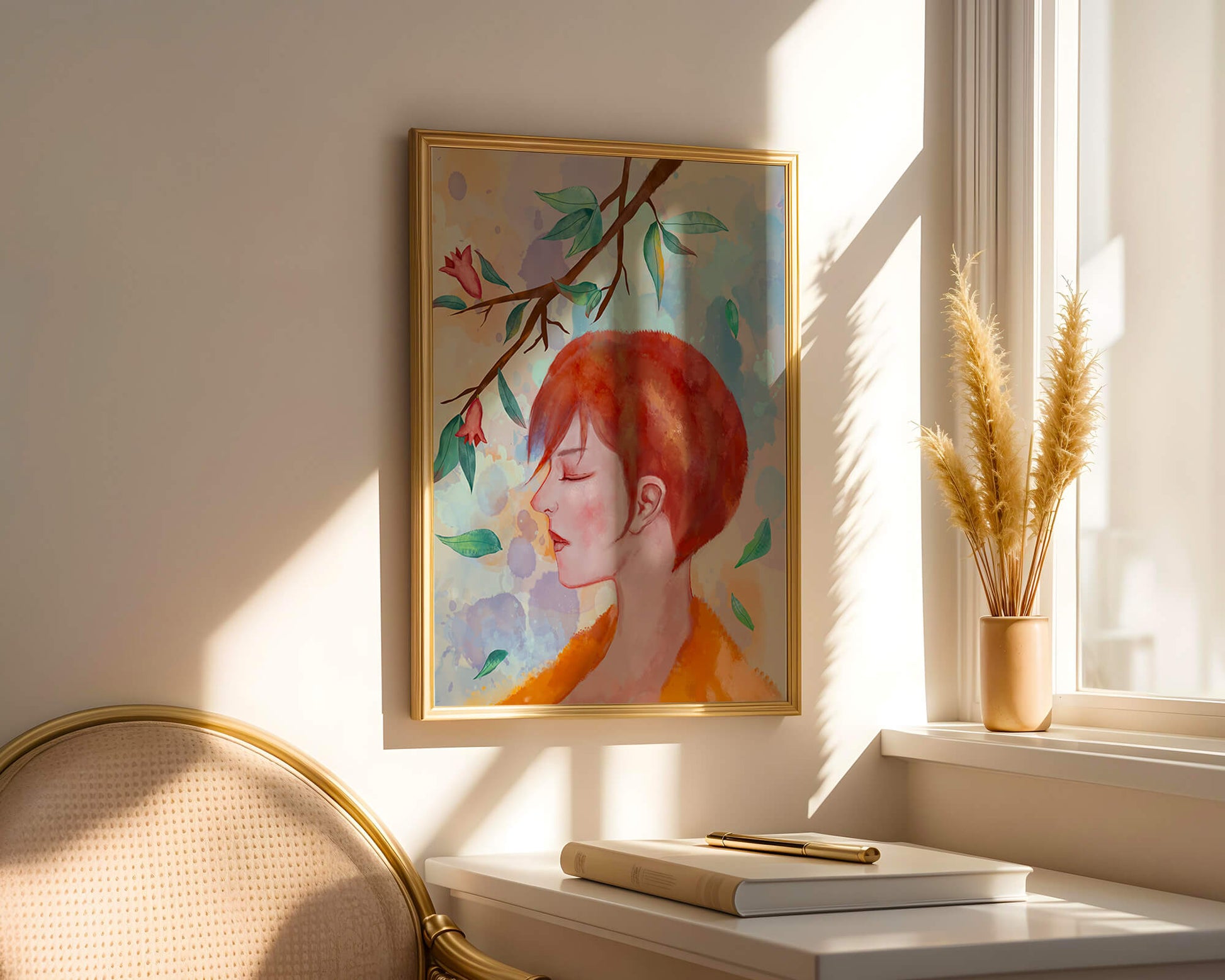 Illustrative artwork of a woman with red hair and floral branch