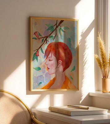 Illustrative artwork of a woman with red hair and floral branch