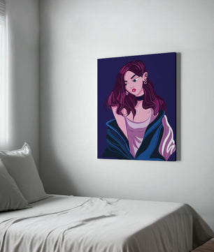 Illustration d'une fille élégante aux cheveux violets et à la veste bleue
