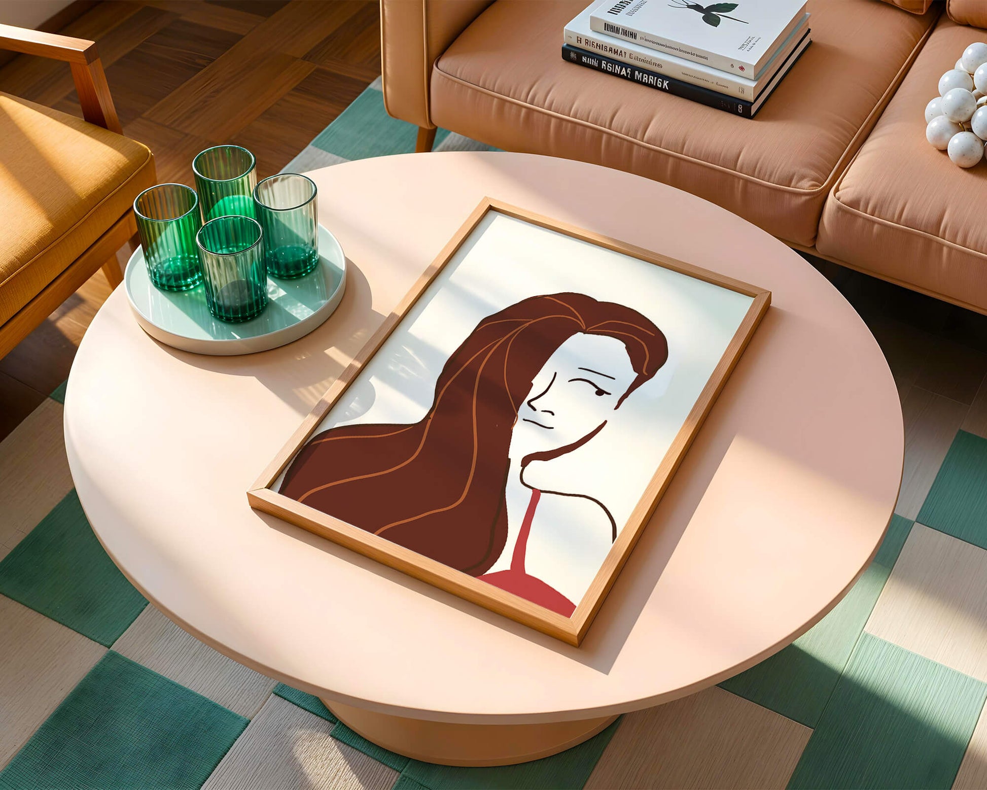 Ilustración estilizada de una mujer con cabello fluyendo y diseño minimalista