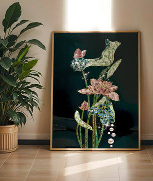 Floral Lotus Design with Gold Accents and Dew Drops