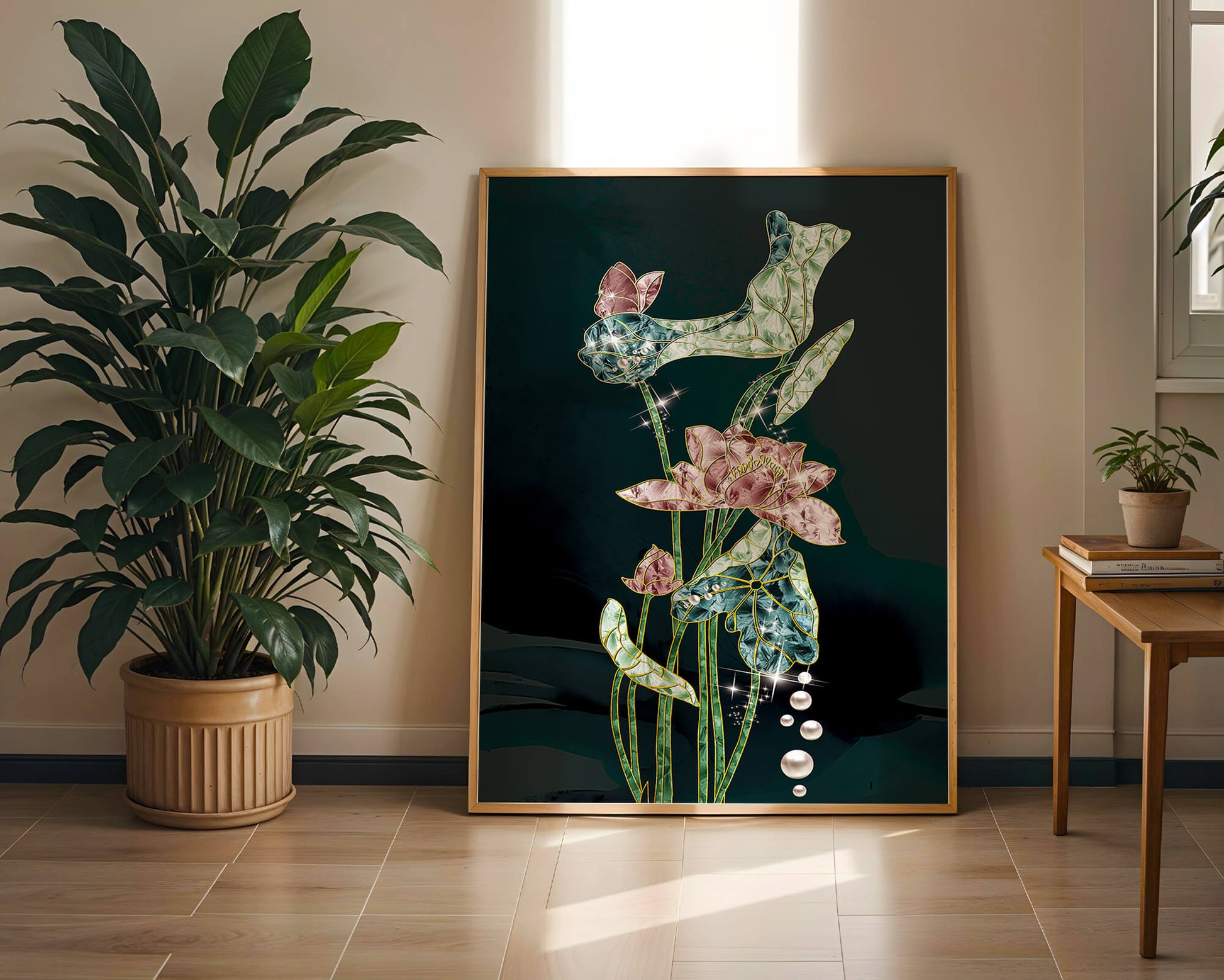 Floral Lotus Design with Gold Accents and Dew Drops