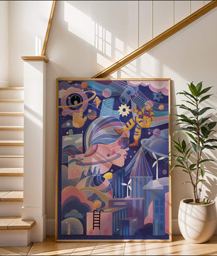 Futuristic space exploration artwork with astronaut and planets