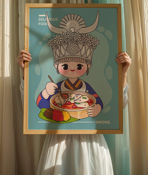 Charming illustration of a person in traditional attire enjoying a meal