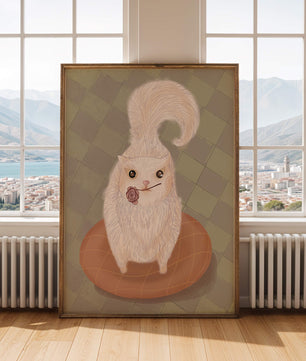 Illustration of fluffy cat with rose on a cushion