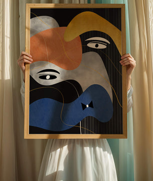 Abstract geometric art with bold colors and gold accents