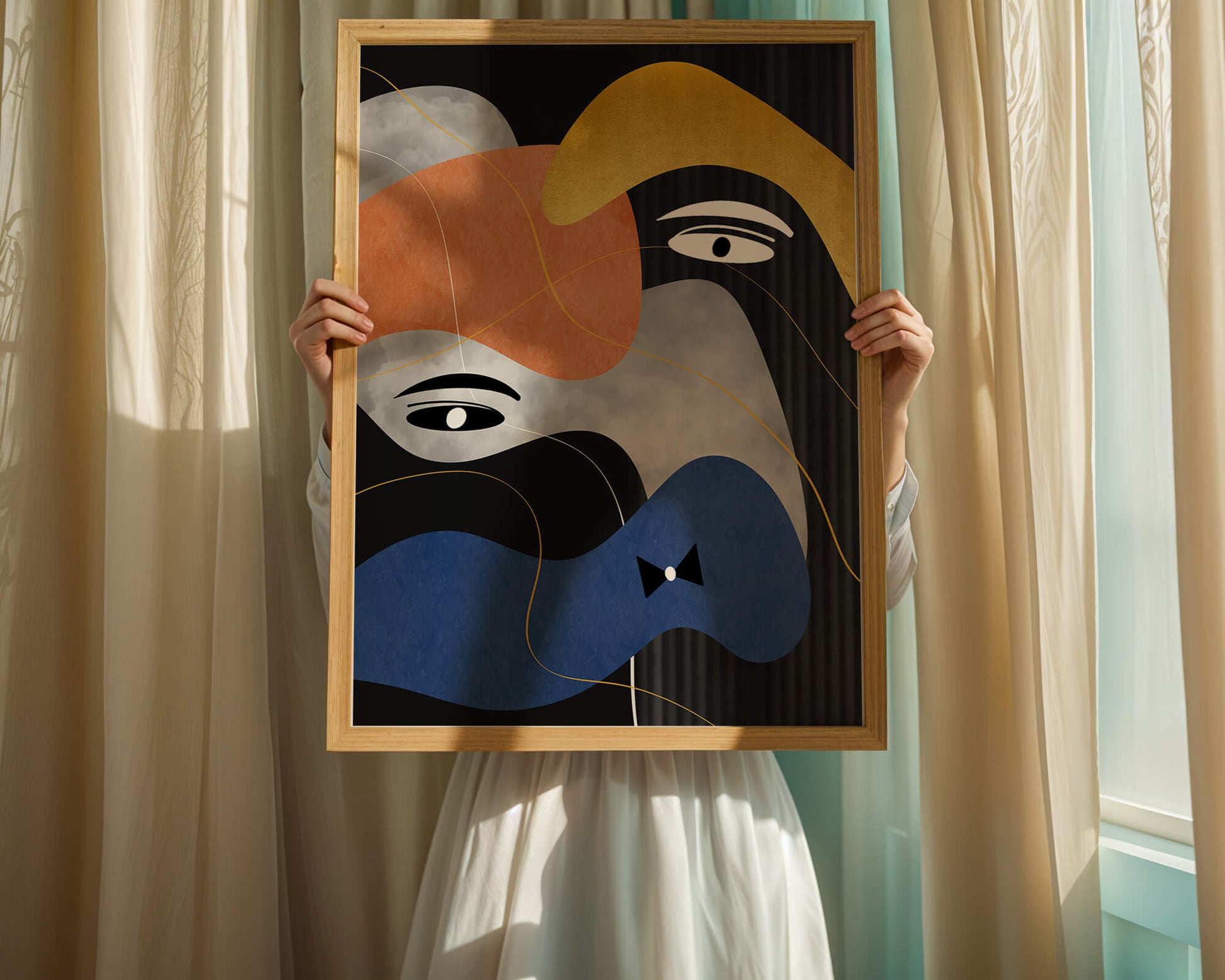 Abstract geometric art with bold colors and gold accents