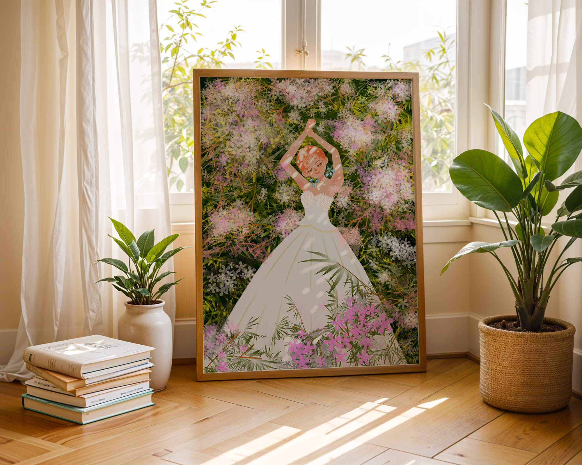 Woman in white dress lying among flowers in a garden