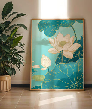 Lotus Flowers with Golden Accents on Aqua Background