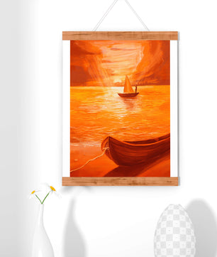 velero en un mar anaranjado al atardecer con gloriosa reflexión del cielo