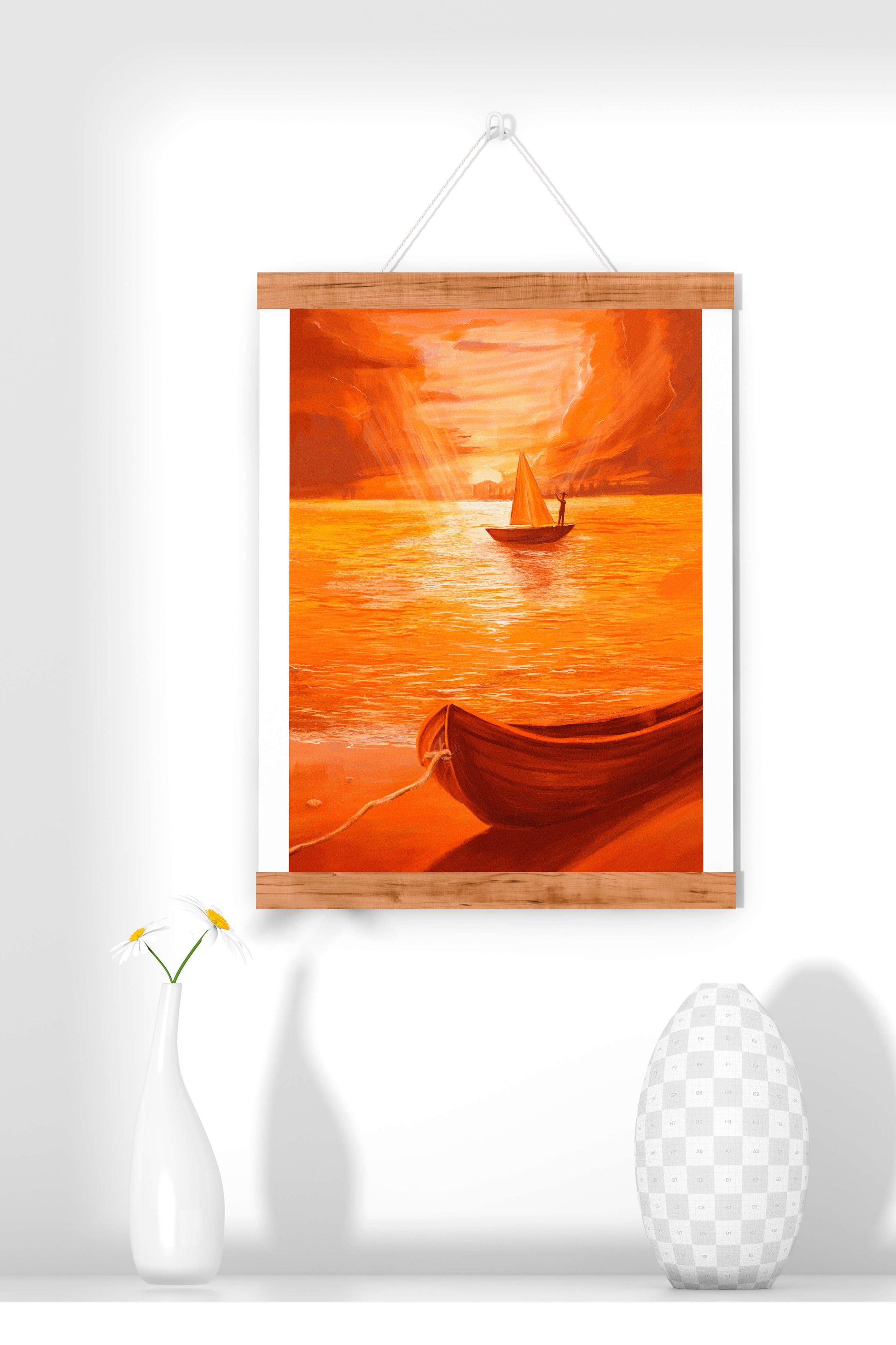 velero en un mar anaranjado al atardecer con gloriosa reflexión del cielo