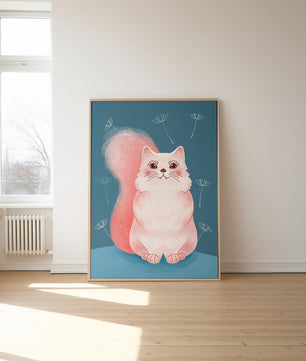 Whimsical Cat Illustration with Dandelions on Blue Background - Mi tienda