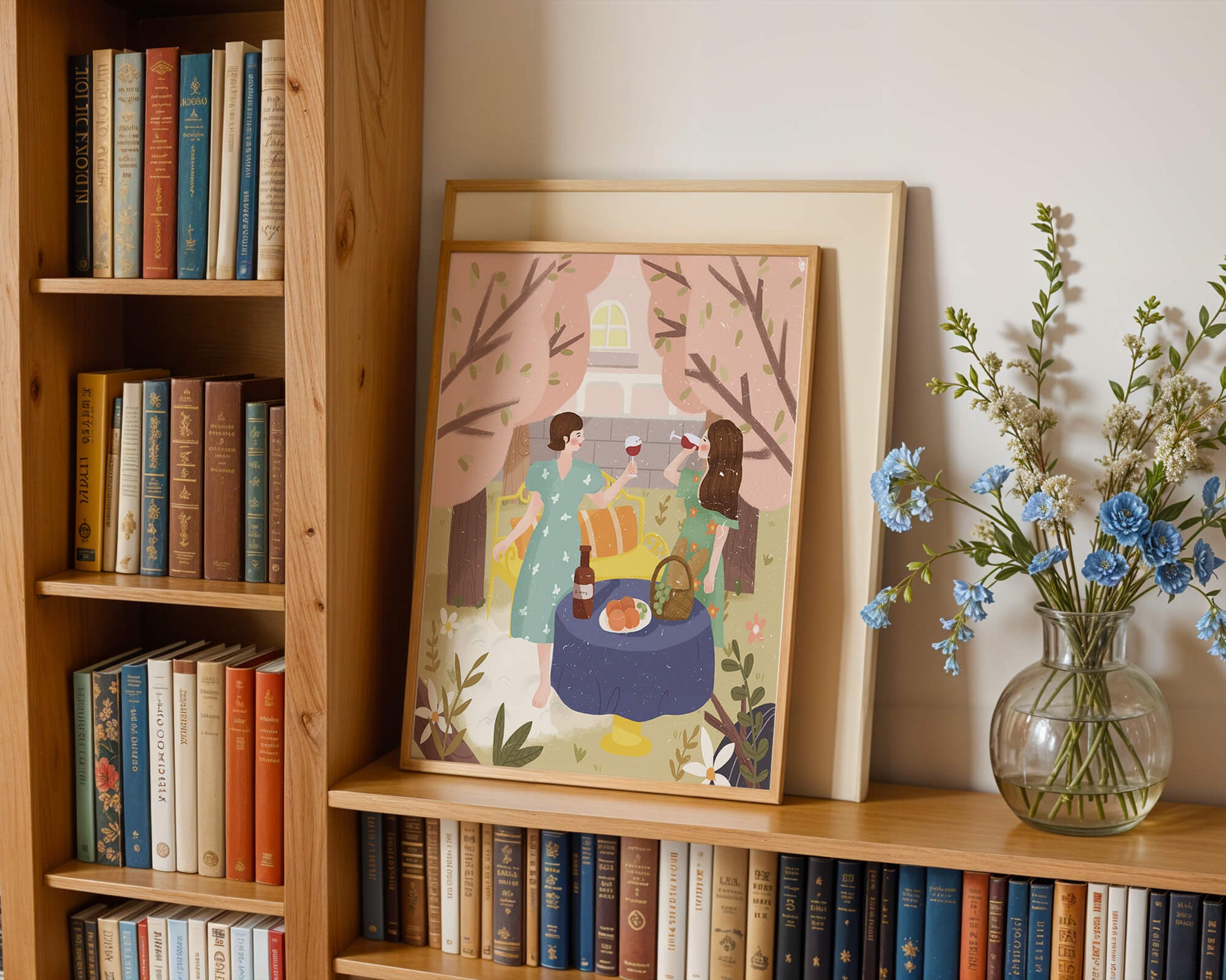 Reunión primaveral en el jardín con vino y frutas