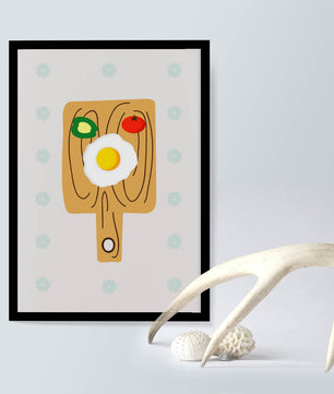Ilustración de una escena de desayuno con huevo, aguacate y tomate sobre tabla de madera