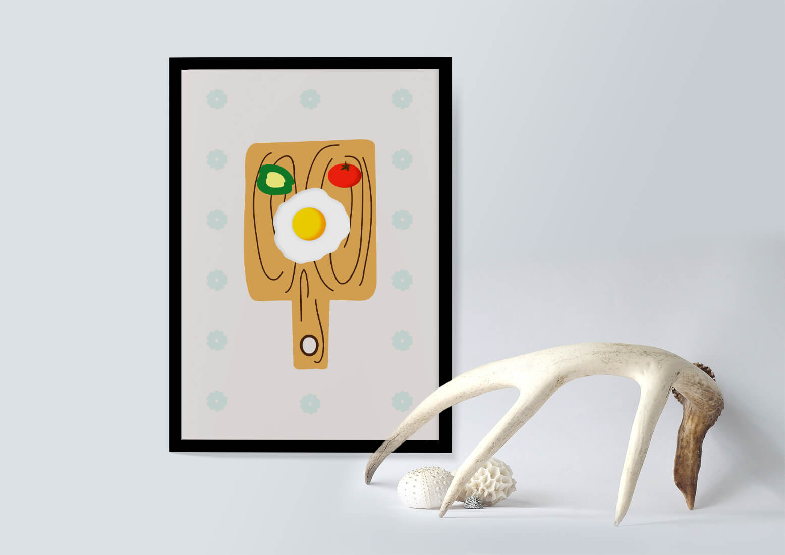 Ilustración de una escena de desayuno con huevo, aguacate y tomate sobre tabla de madera