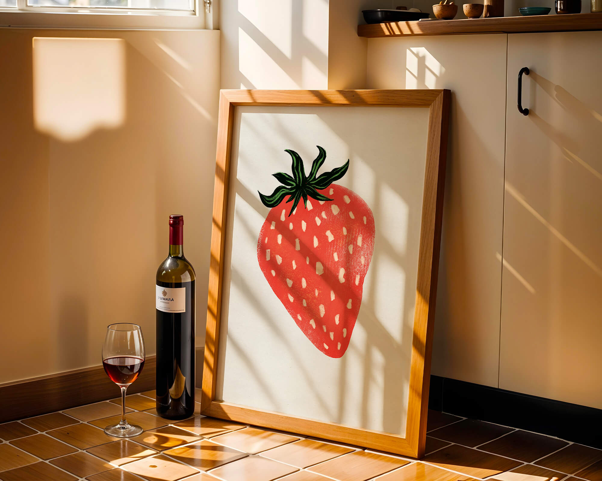 Illustrative design of a vibrant red strawberry with green leaves