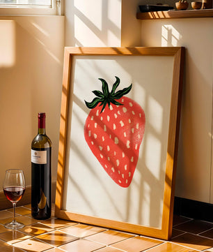 Illustrative design of a vibrant red strawberry with green leaves