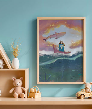 Illustration fantaisiste d'une fille sur un bateau avec une baleine volante